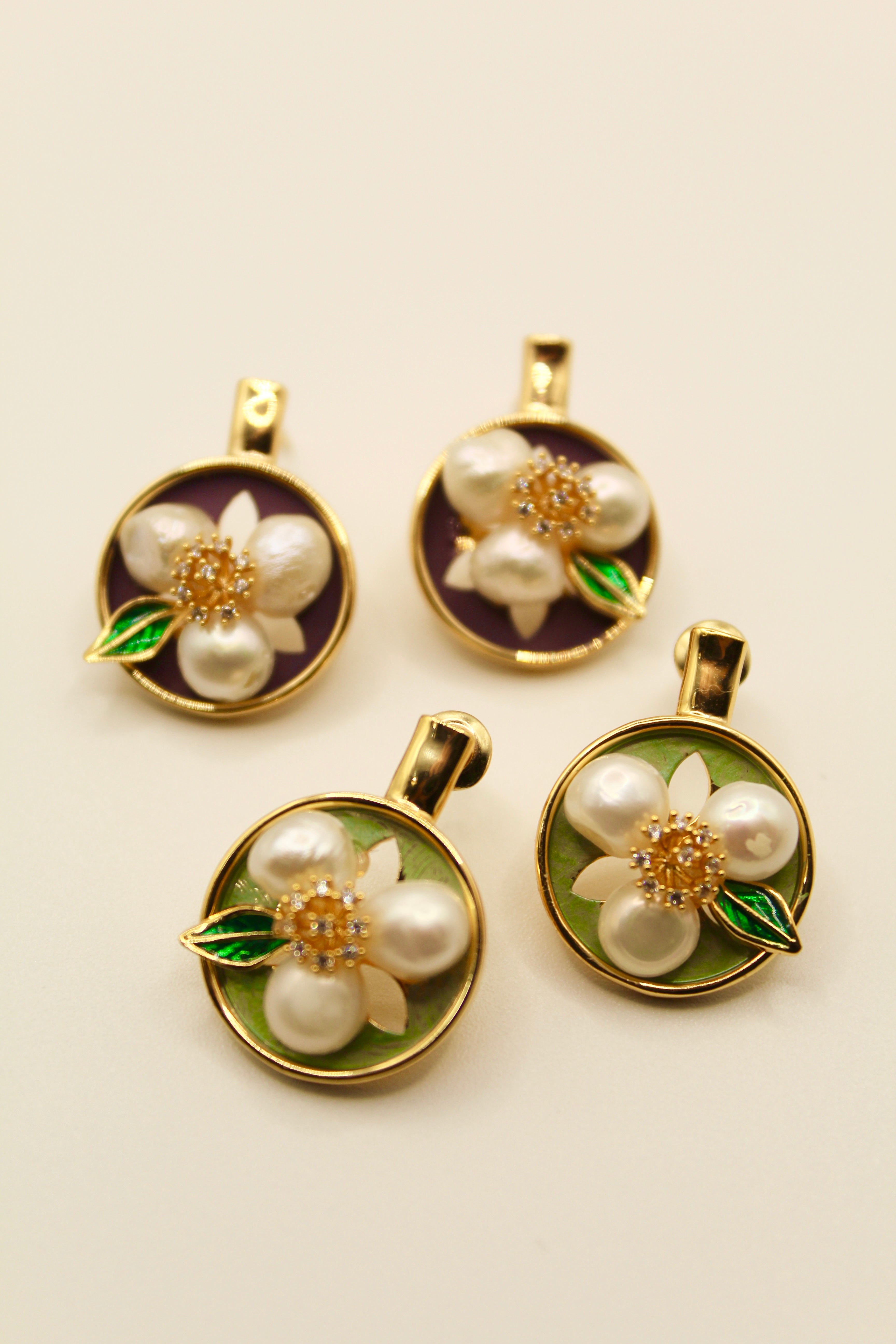 Enamel Floral Pearl Earrings